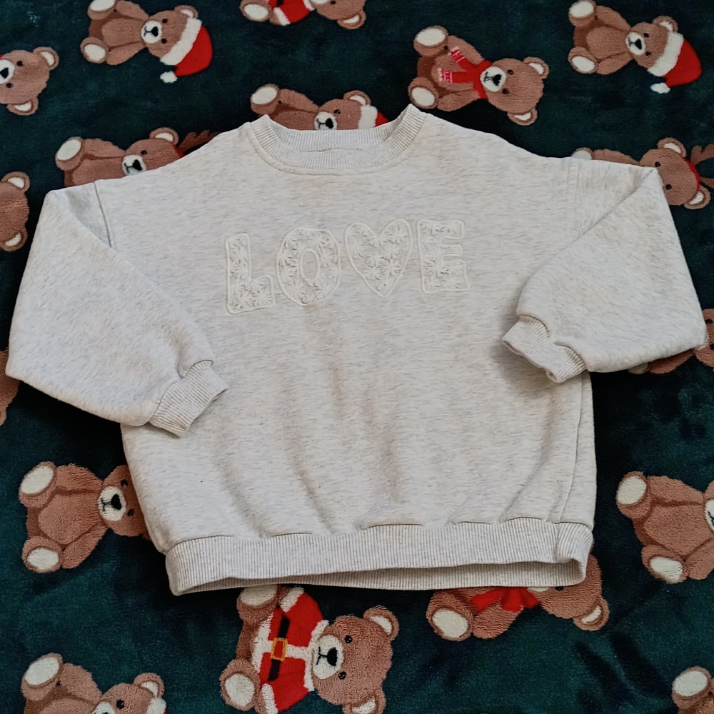 Zara Light Gray Embroidered "LOVE" Sweatshirt 6Y (fits Like 4Y) EUC